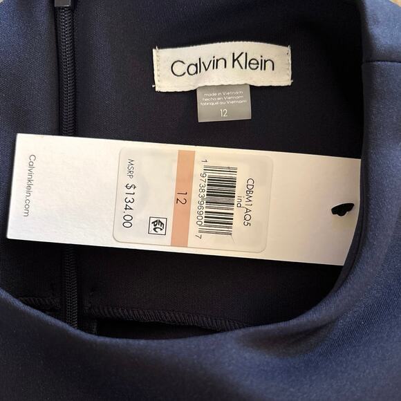 NEW Calvin Klein Size 12 Navy Blue Scuba Sheath Dress Faux Belt Office Career - Picture 4 of 6